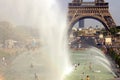 Heat wave Paris. In summer, the Trocadero fountains by the Eiffel Tower.